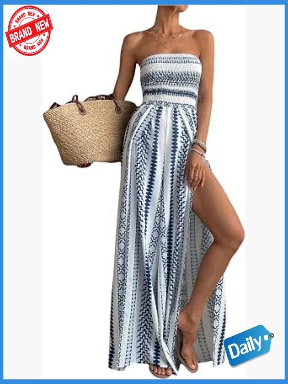 Strapless Tube Top Romper with Side Split Bohemian Print Vacation Jumpsuit